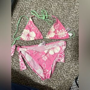 Roxy Pink and Green Bikini Set with Tropical Floral Design